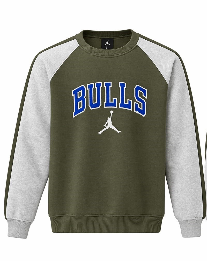 Men’s Winter Heavy Fleece "BULLS" Raglan Crewneck Sweatshirt - Olive/Grey