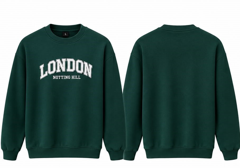 Men’s Winter Heavy Fleece "LONDON NOTTING HILL" Crewneck Sweatshirt - Bottle Green