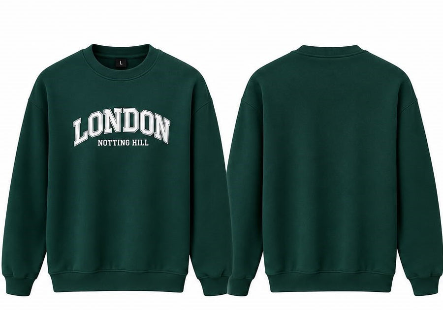 Men’s Winter Heavy Fleece "LONDON NOTTING HILL" Crewneck Sweatshirt - Bottle Green