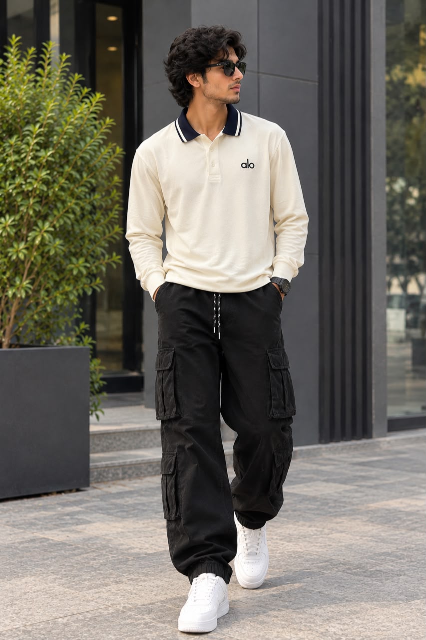 Men's Minimalist Contrast-Collar Long-Sleeve Polo