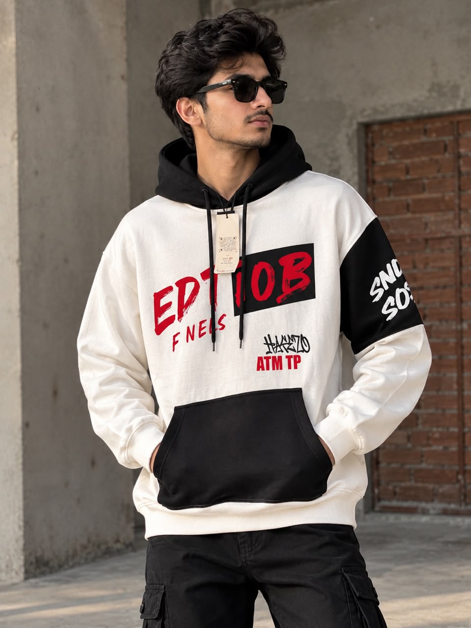 Men's Urban Graffiti Printed Color-Block Hoodie