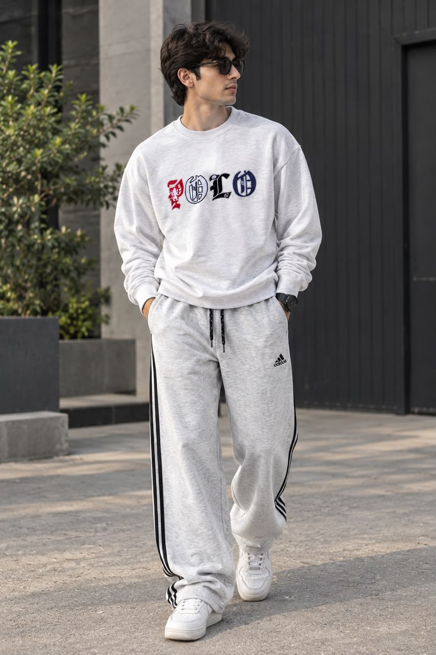 Men’s Winter Heavy Fleece Gothic "POLO" Crewneck Sweatshirt - Grey