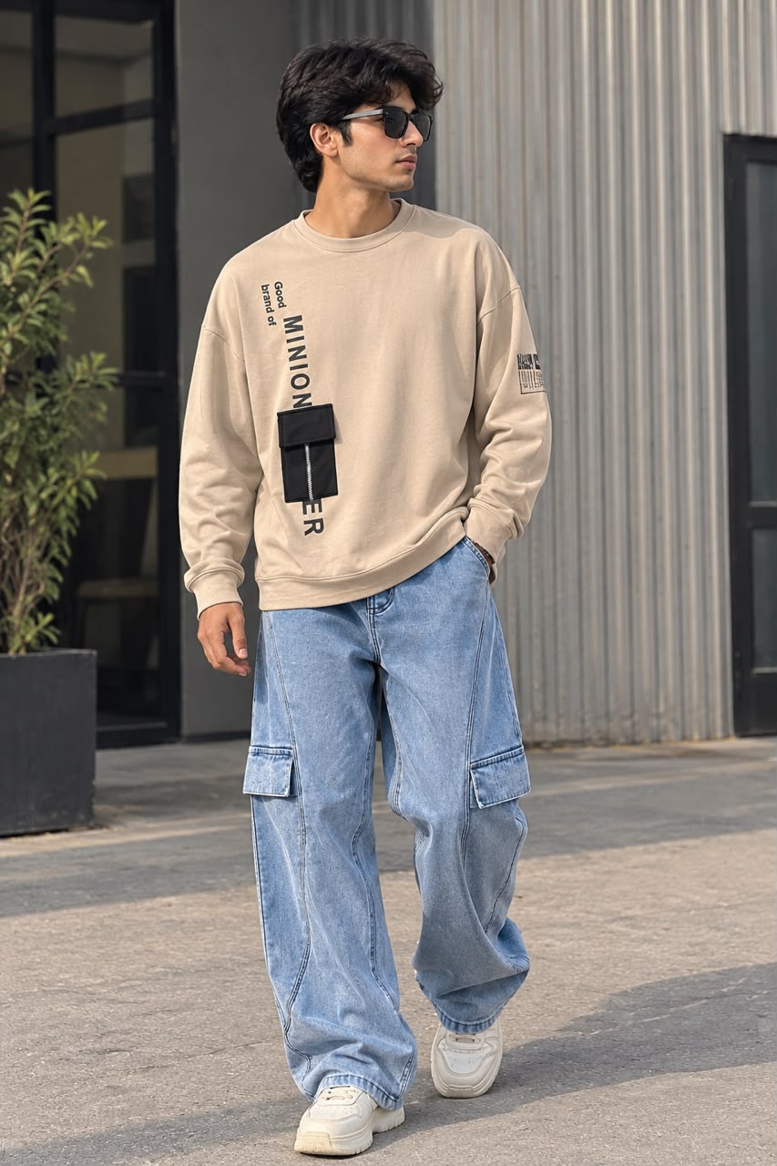 Men's Baggy Wide-Leg Denim Cargo Pants
