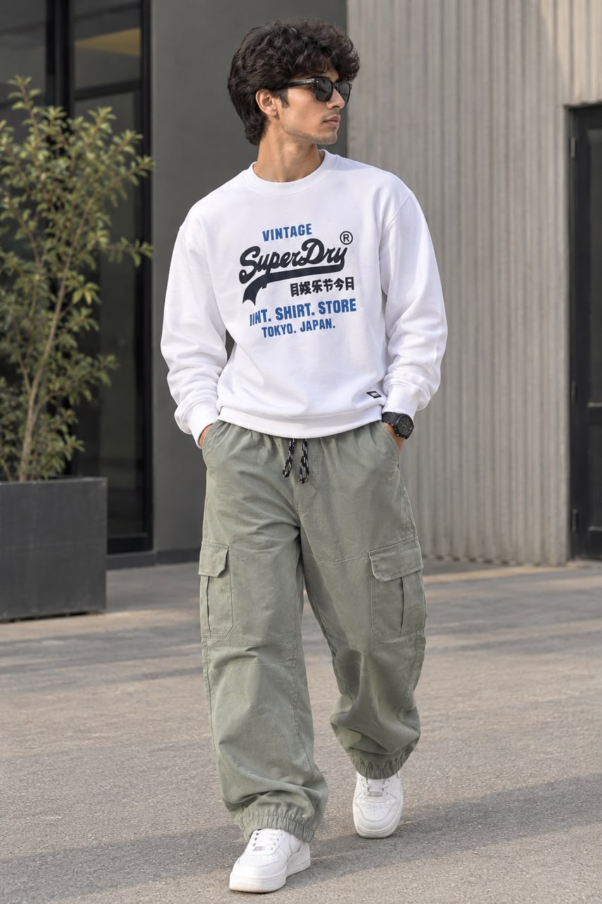 Men’s Winter Heavy Fleece Vintage Tokyo Sweatshirt - White